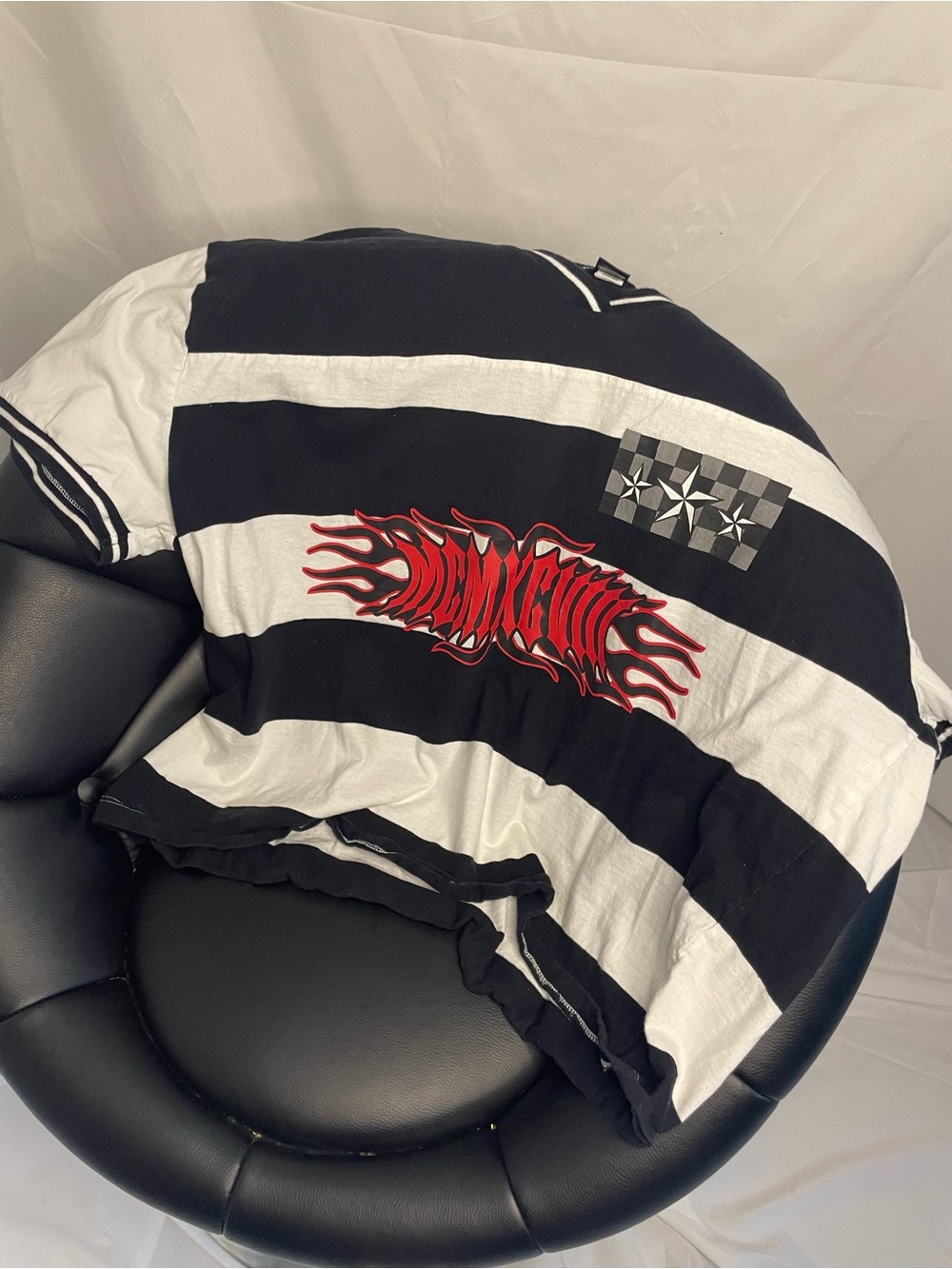 Black & White Striped Rugby Shirt with Red Flame Graphic